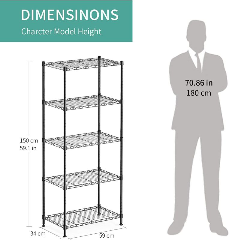 Photo 3 of ALVOROG 5-Shelf Shelving Storage Unit Heavy Duty Metal Organizer Wire Rack with Leveling Feet and Hooks Adjustable Shelves for Bathroom Kitchen Garage (23.2Lx13.4Wx59.1H)
