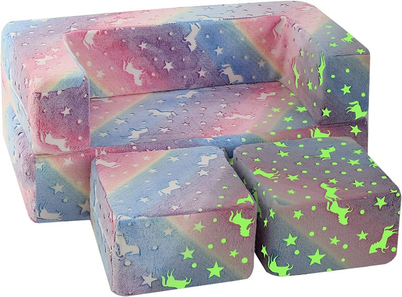 Photo 1 of MeMoreCool Kids Couch Toddler Couch, Glow in The Dark Rainbow Kids Couch Fold Out, Baby Couch Kids Bedroom Furniture, Kids Sofa Play Couch for Playroom, Modular Kid Furniture for Bedroom Playroom
