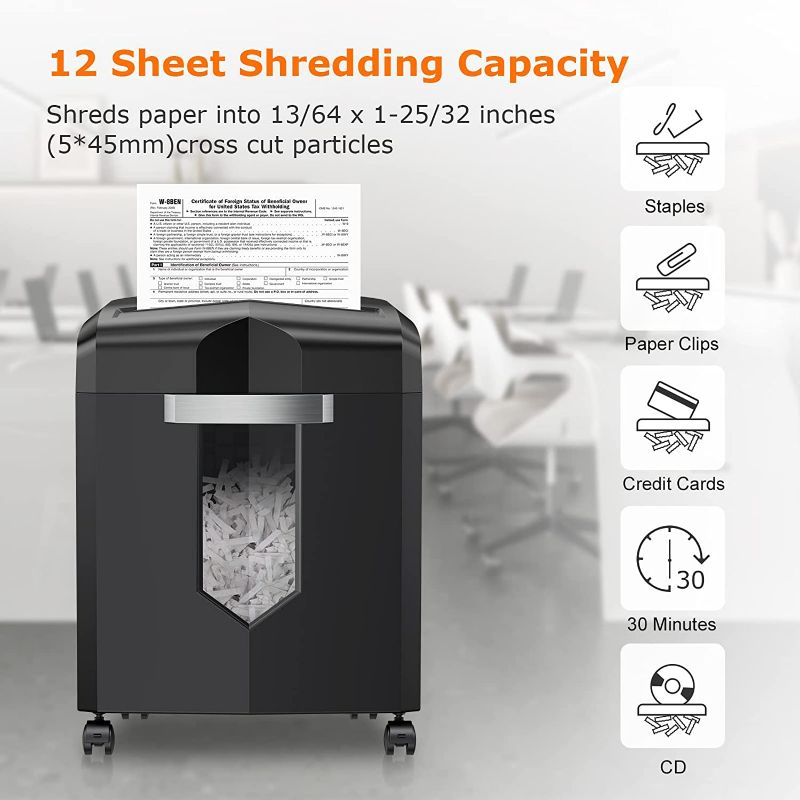 Photo 2 of Bonsaii Paper Shredder, 12-Sheet Cross-Cut Shredder for Home Office Use, 30-Minutes Heavy Duty Shredder with 4.2 Gal Pullout Bin & 4 Casters for Credit Card/CD Anti-Jam Shredding Machine (C266-A) 12 Sheet-4.2 Gal