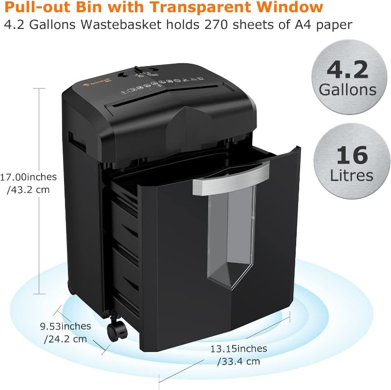 Photo 3 of Bonsaii Paper Shredder, 12-Sheet Cross-Cut Shredder for Home Office Use, 30-Minutes Heavy Duty Shredder with 4.2 Gal Pullout Bin & 4 Casters for Credit Card/CD Anti-Jam Shredding Machine (C266-A) 12 Sheet-4.2 Gal