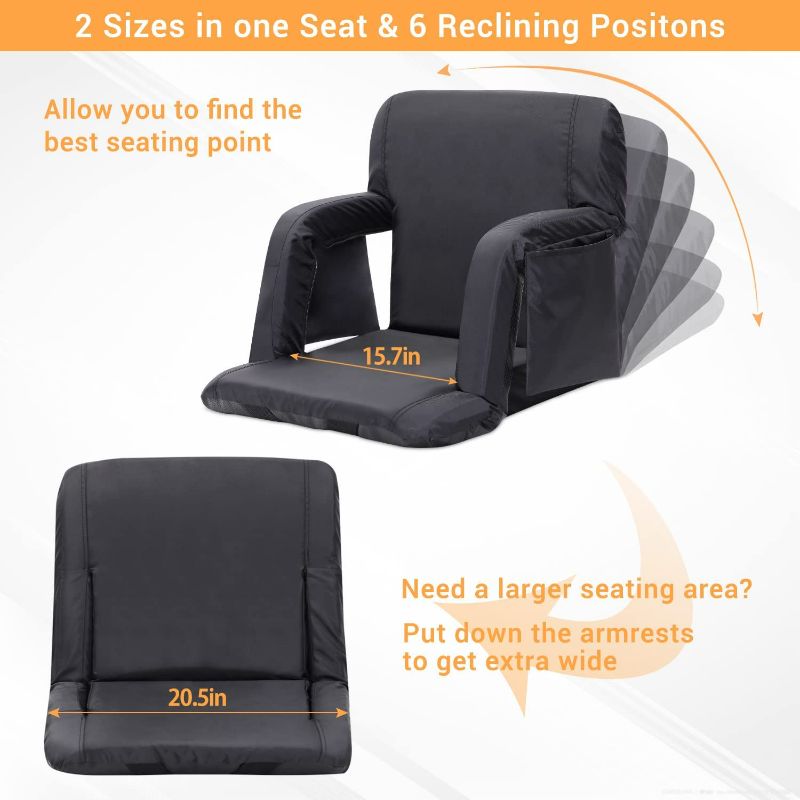 Photo 2 of Sportneer Stadium Seats for Bleachers, 2 Pack Wide Bleacher Seats with Back Support 6 Reclining Positions, Portable Folding Stadium Chairs with Thick Padded Cushion Armrests for Sport Events Black Regular - 20.5"