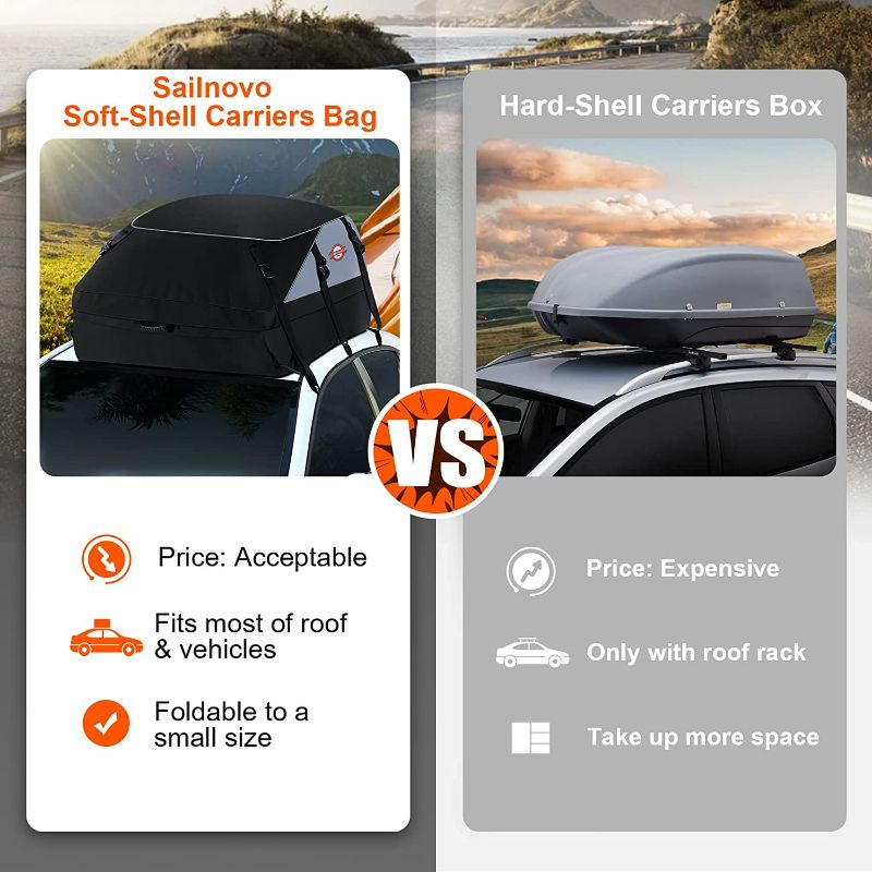 Photo 5 of Car Rooftop Cargo Carrier Roof Bag, 20 Cubic Feet Waterproof Roof Top Cargo Carrier for All Cars with Without Luggage Rack, Vehicle Soft Shell Roof Cargo Box with 6+8 Reinforced Straps and Storage Bag
