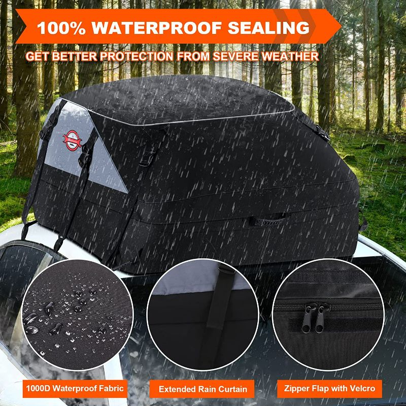 Photo 2 of Car Rooftop Cargo Carrier Roof Bag, 20 Cubic Feet Waterproof Roof Top Cargo Carrier for All Cars with Without Luggage Rack, Vehicle Soft Shell Roof Cargo Box with 6+8 Reinforced Straps and Storage Bag
