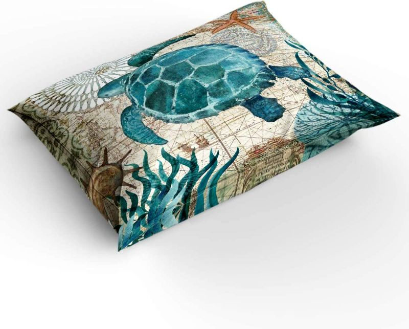 Photo 2 of Sea Turtle Comfort Bed Sheets -2 Pieces King Size Quilt Set with 2 Pillowcases, Wrinkle Resistant, Breathable Ocean Turtle with Coral Bedspread, Coastal Retro Starfish
