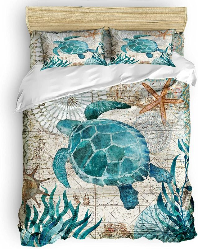 Photo 1 of Sea Turtle Comfort Bed Sheets -2 Pieces King Size Quilt Set with 2 Pillowcases, Wrinkle Resistant, Breathable Ocean Turtle with Coral Bedspread, Coastal Retro Starfish
