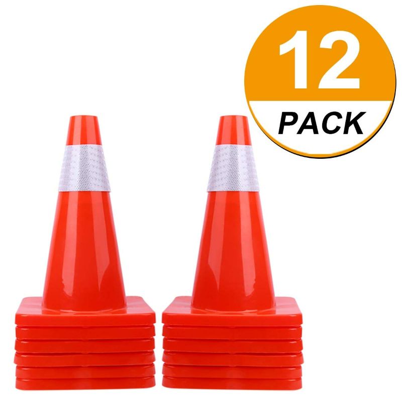 Photo 1 of 12 Pack 18" Traffic Cones Safety Road Parking Cones Weighted Hazard PVC Cones Construction Cones for Traffic Fluorescent Orange with w/4" Reflective Strips Collar Plastic Safety Signs (12)
