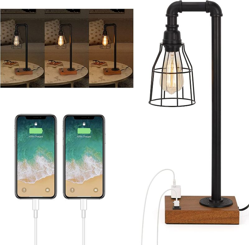 Photo 1 of Touch Control Industrial Table Lamp,Vintage Lamp with 2 USB Ports and AC Outlet, 3-Way Dimmable Farmhouse Lamp with Black Metal Wire Cage for Bedroom, Living Room, Farmhouse, Office
