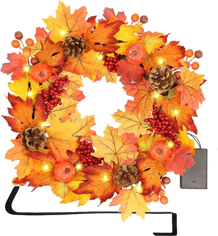 Photo 1 of SAND MINE Fall Door Wreath, 17 inch Thanksgiving Harvest Door Wreath for Front Door with Maple Leaf and Berry, Pinecone, Pumpkins, Ideal for Fall Harvest Thanksgiving Autumn Decoration
