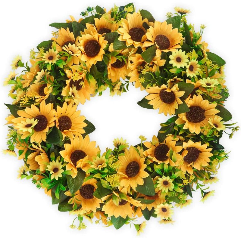 Photo 1 of Artificial Sunflower Wreath 14 Inch Summer Fall Large Wreaths Springtime All Year Around Flower Green Leaves for Outdoor Front Door Indoor Wall Or Window Décor with Twinkle Lights