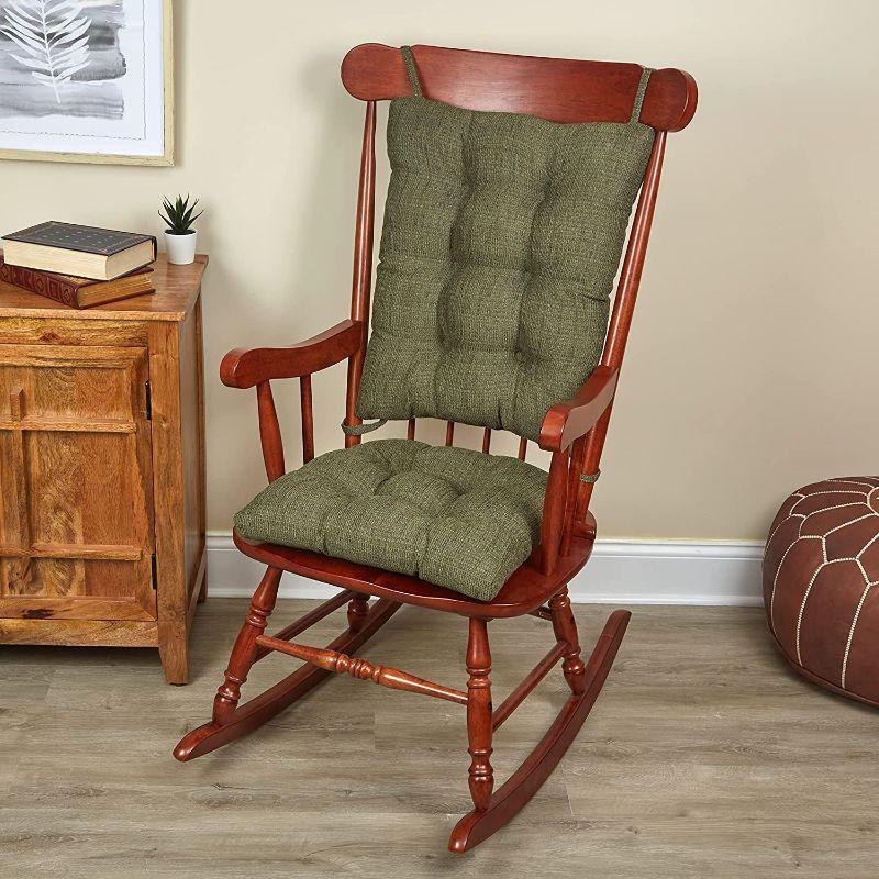 Photo 2 of Non-Slip Rocking Chair Cushion Set with Thick Padding and Tufted Design, Includes Seat Pad & Back Pillow with Ties for Living Room Rocker, 2 Piece, 16x16" & 22x16" - Dark Green
