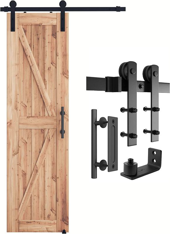 Photo 1 of SMARTSTANDARD 4 FT Heavy Duty Sturdy Sliding Barn Door Hardware Kit, Black, (Whole Set Includes 1x Pull Handle Set & 1x Floor Guide) Fit 24" Wide Door Panel (I Shape Hanger)
