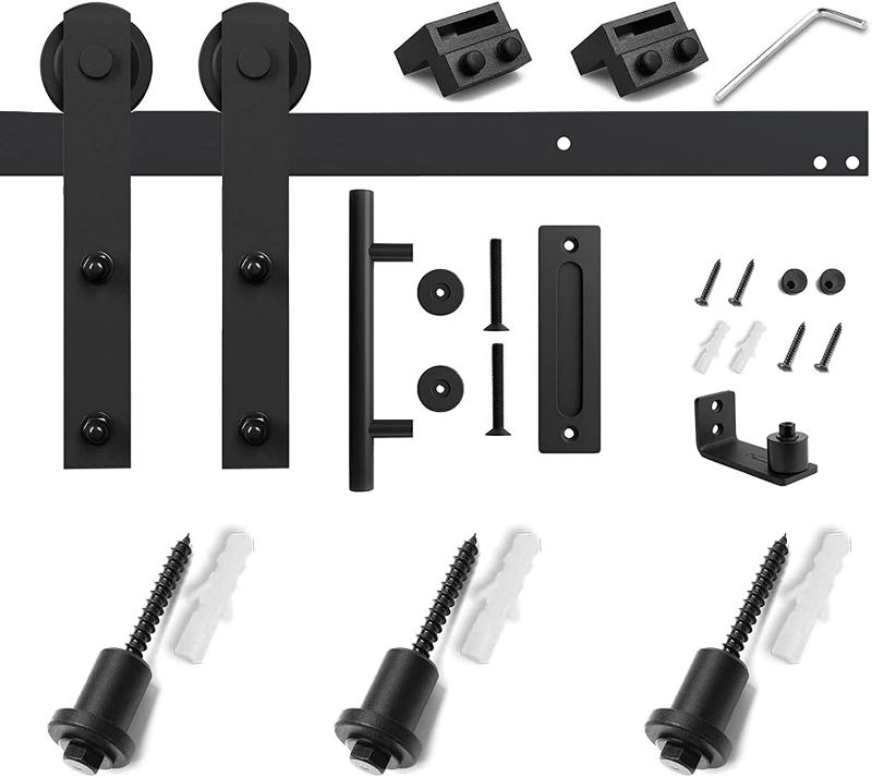 Photo 2 of SMARTSTANDARD 4 FT Heavy Duty Sturdy Sliding Barn Door Hardware Kit, Black, (Whole Set Includes 1x Pull Handle Set & 1x Floor Guide) Fit 24" Wide Door Panel (I Shape Hanger)
