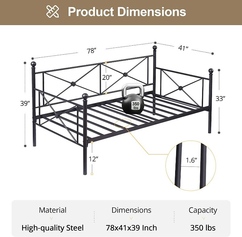Photo 2 of VECELO Classic Metal Daybed Frame Multifunctional Mattress Foundation/Bed Sofa with Headboard, Twin, Black Black Twin Classic Bed Sofa