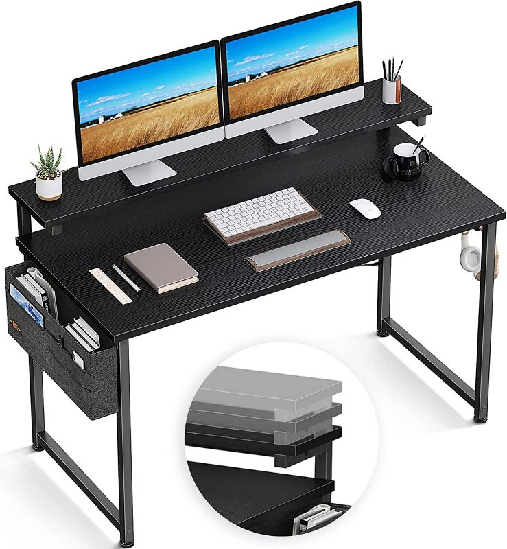 Photo 1 of ODK Computer Desk with Adjustable Monitor Shelves, 48 inch Home Office Desk with Monitor Stand, Writing Desk, Study Workstation with 3 Heights (10cm, 13cm, 16cm), Black
