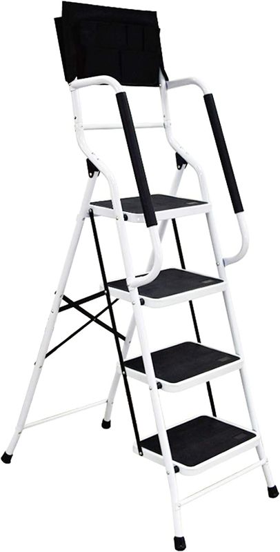 Photo 1 of EdMaxwell 4 Step Ladder with Handrails 500 lb Capacity Step Stool Folding Portable Ladders for Home Kitchen Steel Frame with Non-Slip Wide Pedal Stepladder with Attachable Tool Bag
