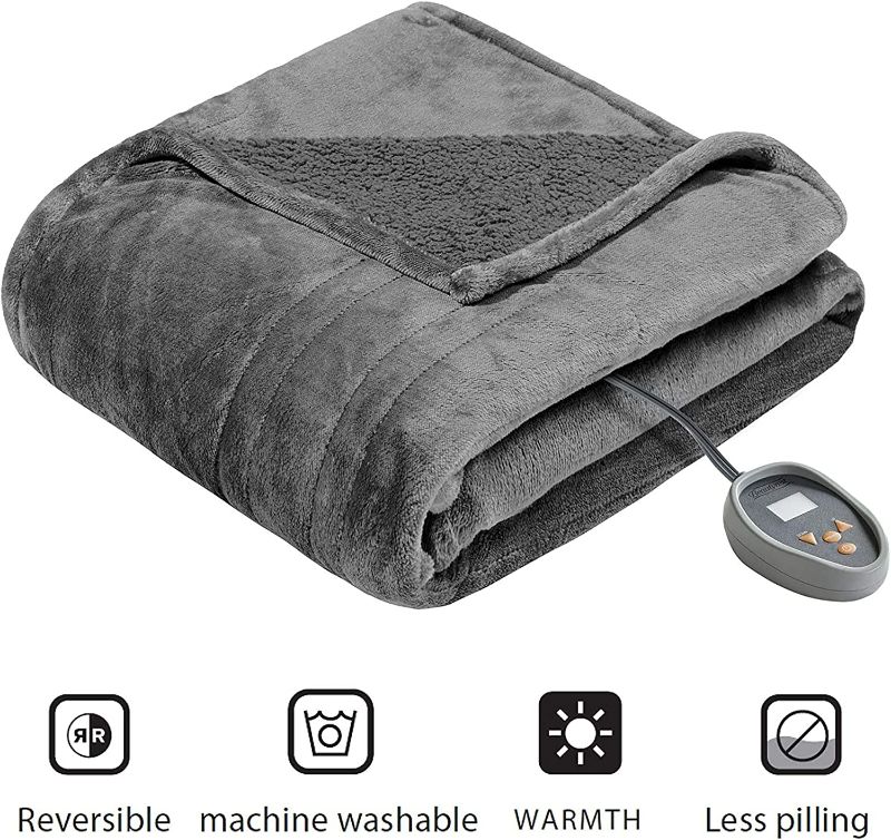 Photo 2 of Beautyrest Reversible Microlight to Sherpa Electric Blanket, Auto Shut Off, Virtually Zero EMF, Multi Heat Setting, UL Certified, Machine Washable, Grey King (90 inx100 in)
