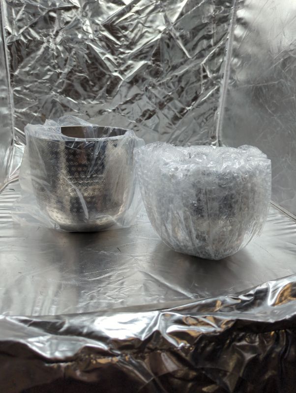 Photo 2 of WHW Whole House Worlds Crosby Street Bucket Style Cache-Pot Planters, Set of 2, Polished Silver Aluminum, 7.75 and 6.25 Diameter