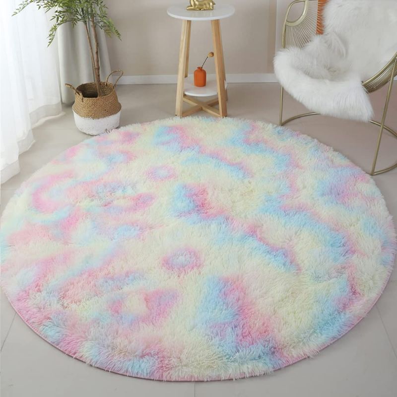 Photo 1 of 6'X6' Fluffy Round Rug for Bedroom Soft Fuzzy Circle Rug for Kids Girls Baby Room Modern Indoor Circular Nursery Rugs Plush Shag Area Rugs for Living Room Furry Carpet for Bedroom, Rainbow
