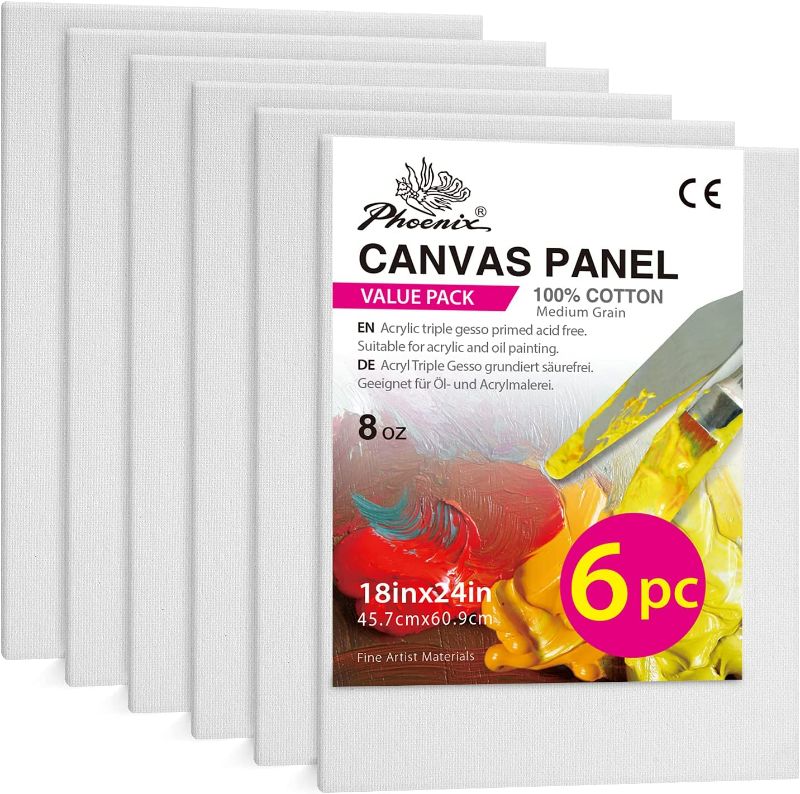 Photo 1 of PHOENIX Painting Canvas Panels 18x24 Inch, 6 Value Pack - 8 Oz Triple Primed 100% Cotton Acid Free Canvases for Painting, White Blank Flat Canvas Boards for Acrylic, Oil, Watercolor & Tempera Paints
