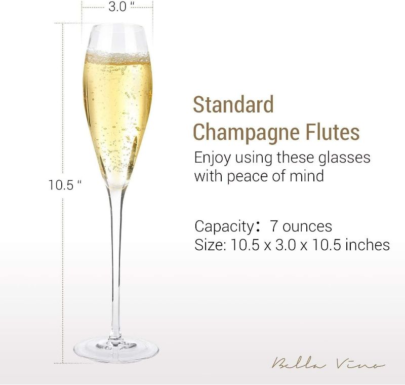 Photo 2 of Bella Vino 10.5", 7 Oz, Set of 4 Hand Premium Blown Crystal Champagne Flutes
