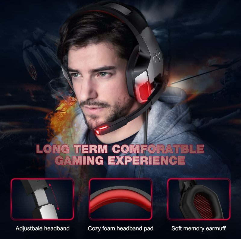 Photo 2 of Hunterspider Gaming Headset Headphones for PS4 PS5 Switch Xbox One PC with Microphone, Noise Reduction 7.1 Surround Sound & LED Light (Red)
