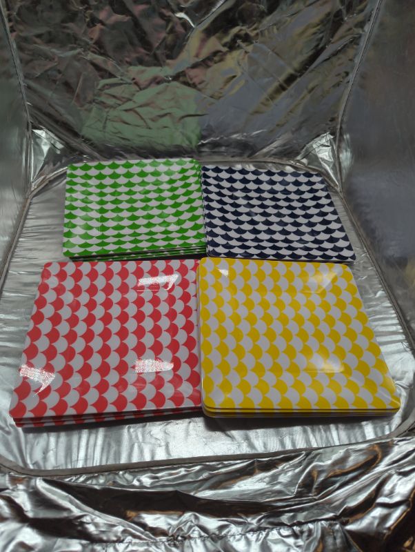 Photo 1 of 10x10 PLASTIC GLAD PLATES 12 COUNT - Wavy Checkered Pattern - Green/Yellow/Blue/Red