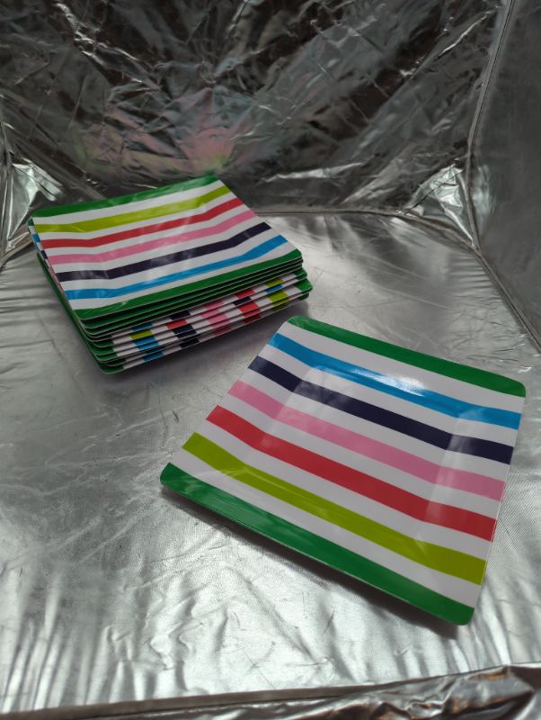 Photo 2 of 10x10 PLASTIC GLAD PLATES 12 COUNT - Multicolor Striped Design