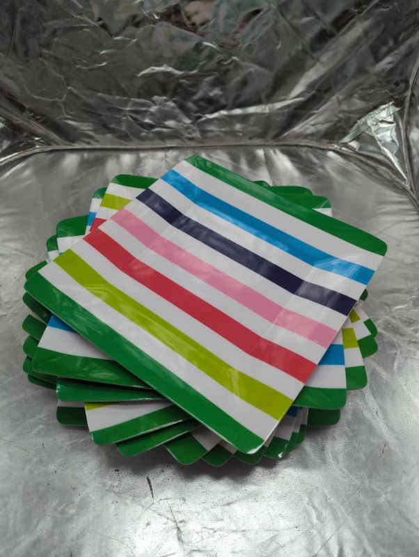 Photo 1 of 10x10 PLASTIC GLAD PLATES 12 COUNT - Multicolor Striped Design