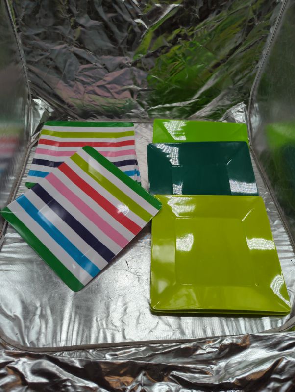 Photo 2 of 10x10 PLASTIC GLAD PLATES 12 COUNT - 6 Multicolor Stripes - 6 Variety Greens