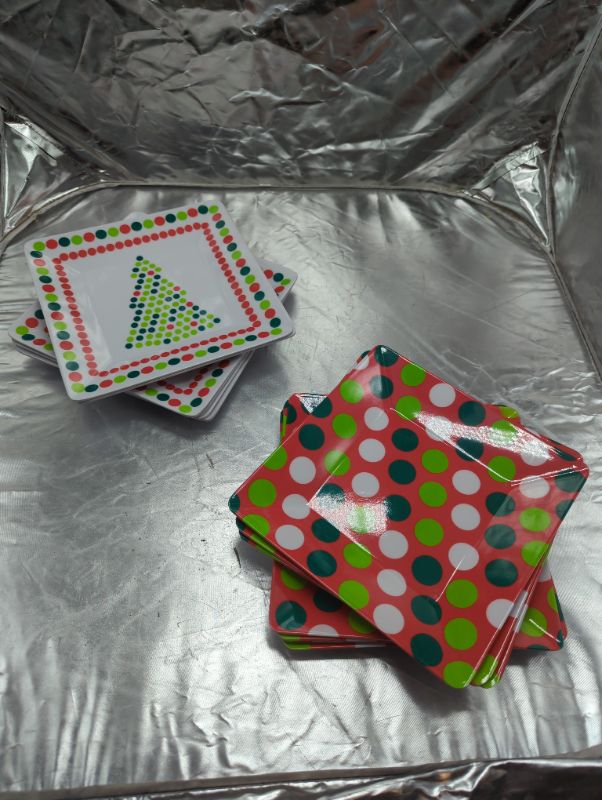 Photo 1 of 8" SQUARE PLASTIC PLATES - QTY OF 12 - 6 Christmas Tree/6 Red Green White Polka Dots