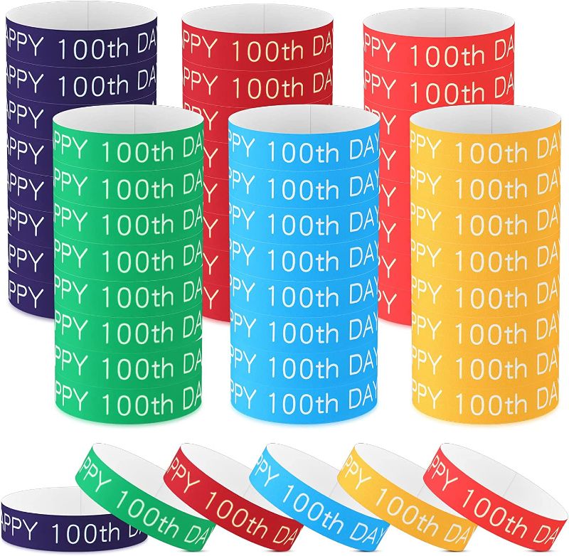 Photo 1 of 600 Pcs Happy 100th Day of School Bracelets Paper Wristbands 100 Days Smarter 100 Days Brighter Wristbands Waterproof Disposable Bracelets Wristbands for Kids Students Happy 100th Day of School Party
