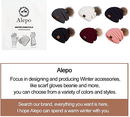 Photo 1 of Alepo Winter Beanie Hat for Women, Real Fur Pom Pom Slouchy Chunky Knit Warm Fleece Lined Thermal Soft Ski Cap
