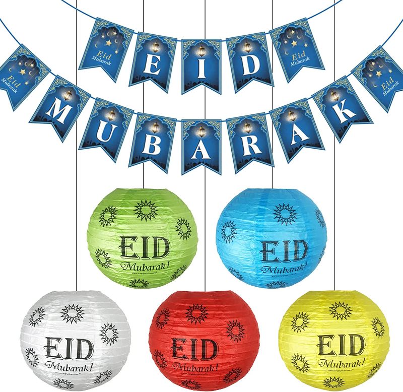 Photo 1 of 7Pack Ramadan Eid Mubarak Party Decoration Kit,Eid Mubarak Banner Eid Mubarak Paper Lantern Decorations Colorful Round Paper Lantern with Wire Ribbing for Ramadan Mubarak Eid Party Decor,Multi
