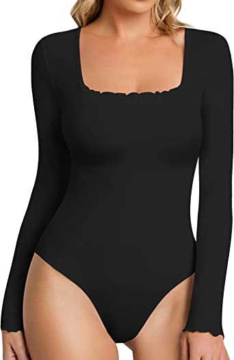 Photo 1 of ALGALAROUND Ruffle Trim Square Neck Long Sleeve Bodysuits for Women Slim Fit Leotard Clothing Tops (A Long Sleeve Black, Small)
