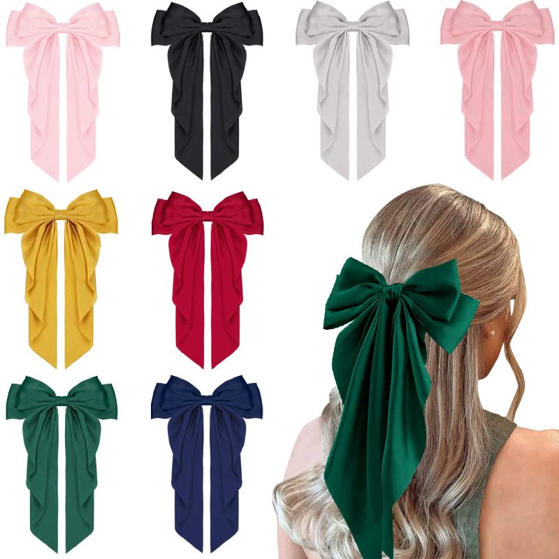 Photo 1 of 8 Pcs Big Satin Hair Bows for Women Girls, 8 Inch Large Bow Hair Clip Barrette Hair Ribbon Bows French Style Hair Accessories
