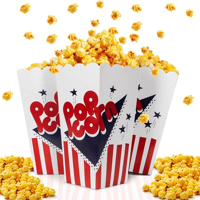 Photo 1 of 100 Pcs Popcorn Boxes,7.75 Inches Tall & Holds 46 Oz Popcorn Containers,Fashion Design Red White & Blue Colored Nostalgic Carnival Stripes and Stars Paper Popcorn Bags For Party Home Movie Theater
