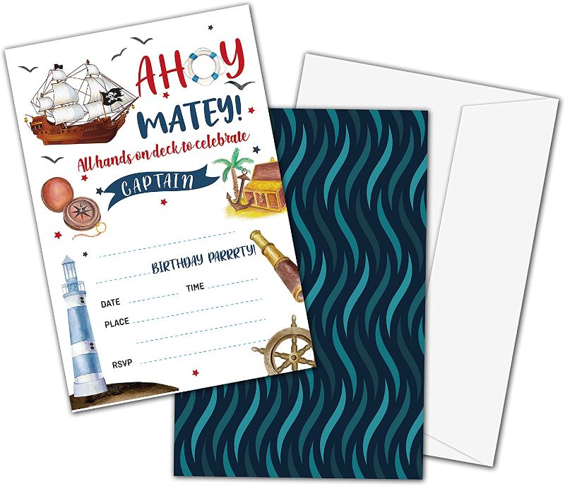 Photo 1 of Birthday Party Invitation Cards for Kids, Party Invites, Party Celebration for Teens, Ahoy Matey Captain Nautical Themed Party Sailor Cards, Party Supplies, Personalized 20 Cards With Envelopes-c002
