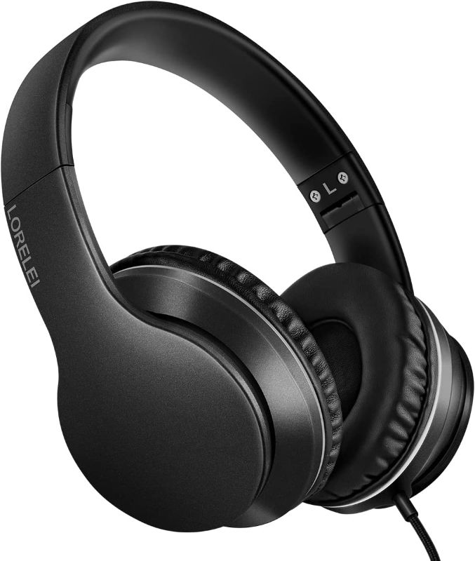 Photo 1 of LORELEI X6 Over-Ear Headphones with Microphone, Lightweight Foldable & Portable Stereo Bass Headphones with 1.45M No-Tangle, Wired Headphones for Smartphone Tablet MP3 / 4 (Space Black)
