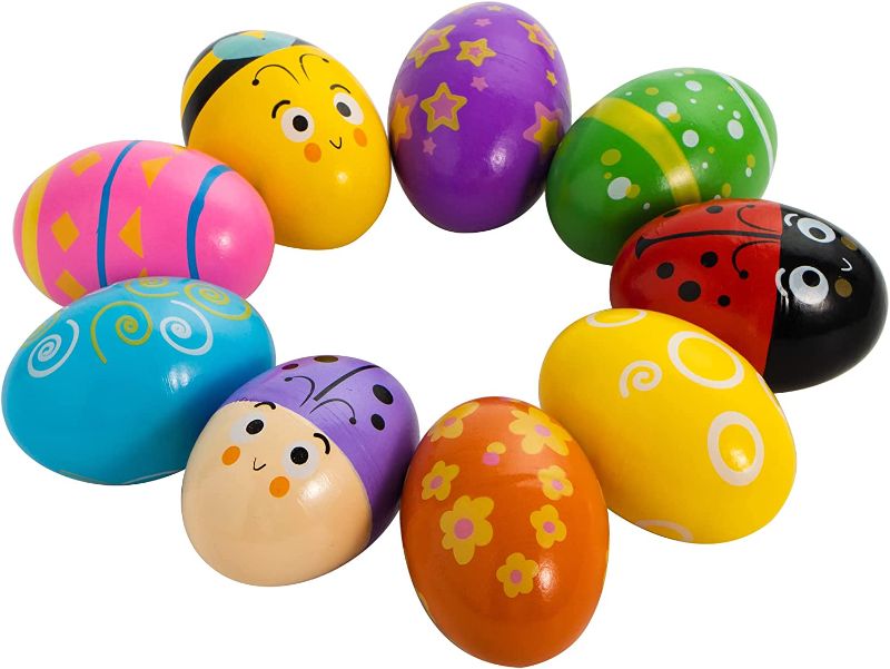 Photo 1 of JOYIN 18 PCS Easter Wooden Percussion Musical Egg Maracas Egg Shakers for Party Favors, Easter Egg Hunt, Easter Egg Maracas, Musical Instrument Props, Basket Stuffers Fillers