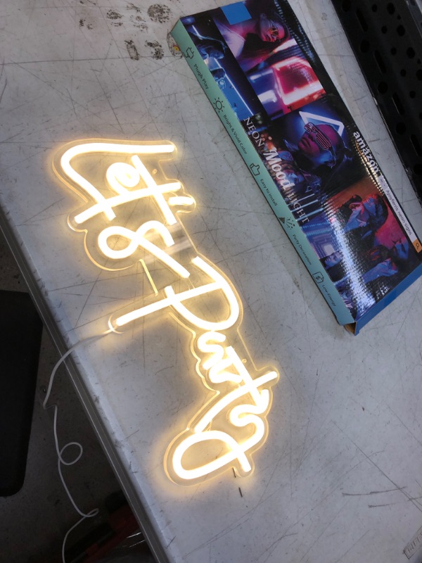 Photo 2 of Ajoyferris Let's Party Neon Signs Dimmable Neon Light Sign for Wall Decor 16''x 7'' Word LED Neon Sign Art Decorative Lights for Bachelorette Party, Engagement Party, Birthday Party,Wedding Party Warm White A-Warm White