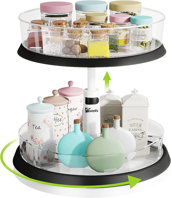 Photo 1 of 2-Tier Lazy Susan Turntable and Height Adjustable Cabinet Organizer with 1x Large Bin and 3 x Divided Bins, Removable, Clear Spice Rack Organizer for Cabinet, Pantry, Kitchen (2 Tier w/Bins)