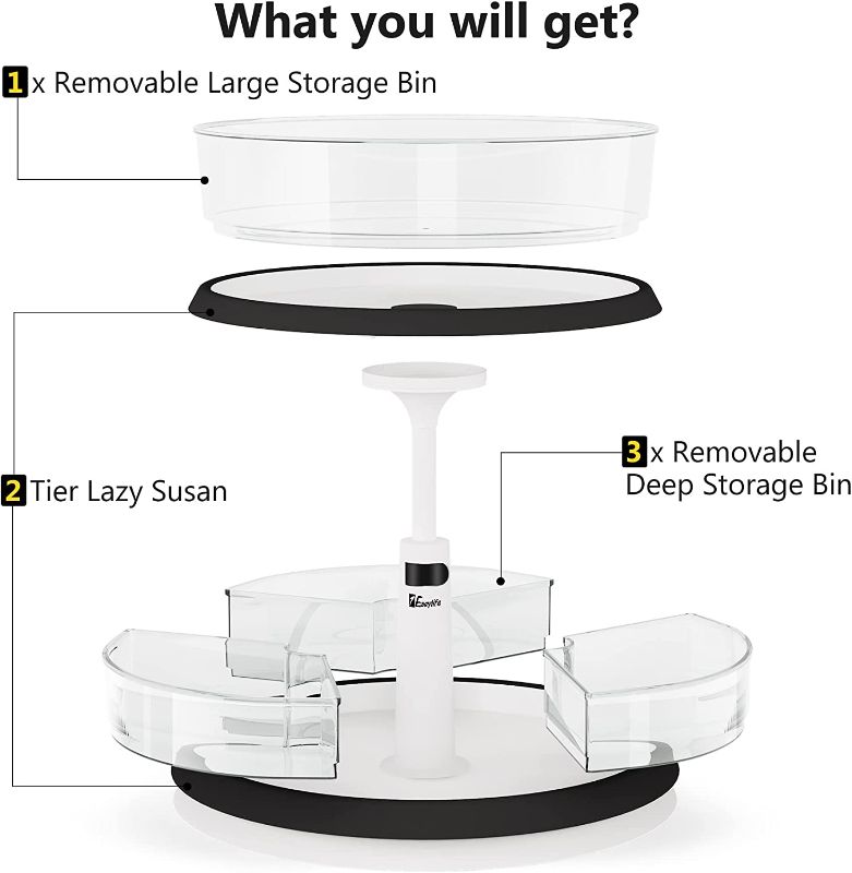 Photo 3 of 2-Tier Lazy Susan Turntable and Height Adjustable Cabinet Organizer with 1x Large Bin and 3 x Divided Bins, Removable, Clear Spice Rack Organizer for Cabinet, Pantry, Kitchen (2 Tier w/Bins)