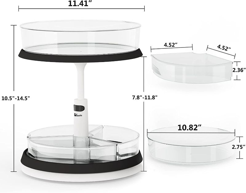 Photo 2 of 2-Tier Lazy Susan Turntable and Height Adjustable Cabinet Organizer with 1x Large Bin and 3 x Divided Bins, Removable, Clear Spice Rack Organizer for Cabinet, Pantry, Kitchen (2 Tier w/Bins)