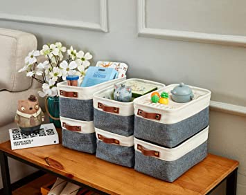 Photo 1 of | Storage Baskets for Organizing Shelves Linen Closet Bathroom Baby Cloth Nursery Fabric Bulk Decorative Empty Baskets for Gifts (Slate Grey and White, Small - 6 Pack)