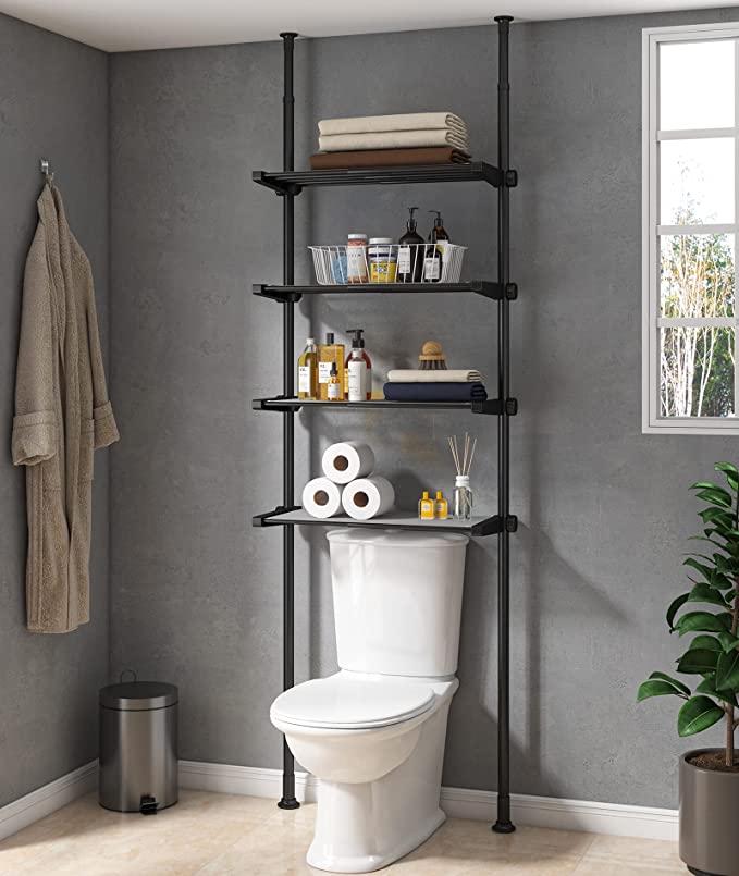 Photo 1 of ALLZONE Bathroom Organizer, Over The Toilet Storage, 4-Tier Adjustable Shelves for Small Room, Saver Space, 92 to 116 Inch Tall, Black