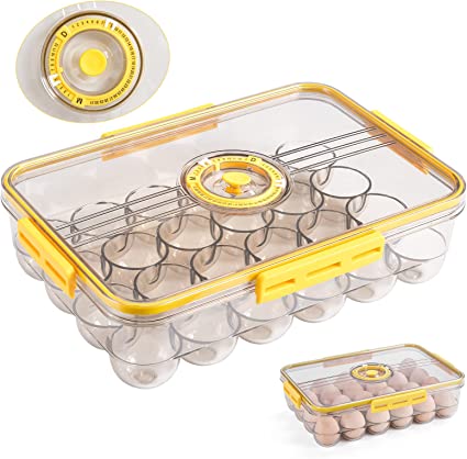 Photo 1 of 24 Grids Egg Holder with Lid can Record the Storage Time of Eggs,Transparent Egg Storage Box for Refrigerator and Kitchen,Stackable Egg Holder(Yellow)