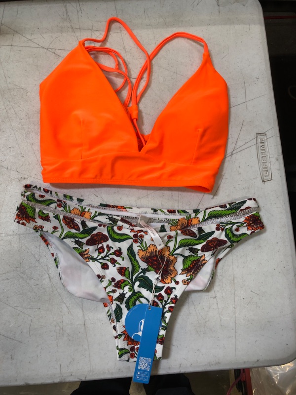 Photo 1 of 2PCS Neon Orange/Floral Bikini Set M