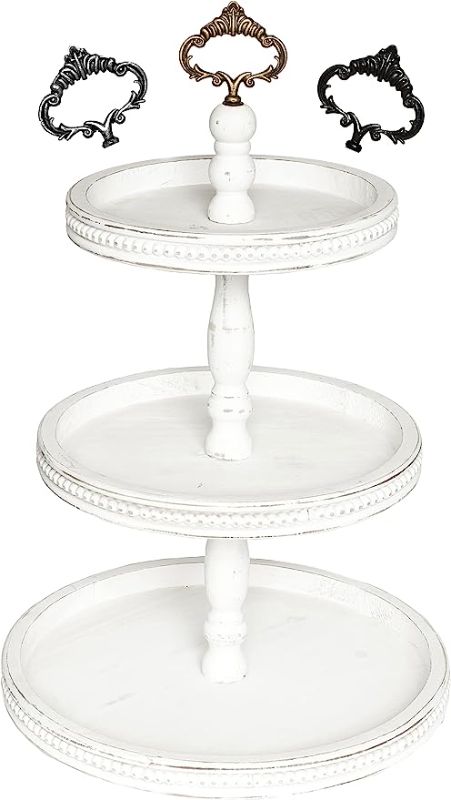 Photo 1 of 3 Tiered Tray Wooden Serving Stand by Felt Creative Home Goods. Large Shabby Chic Beaded Tray for Home Decor Display Farmhouse Country Decoration Kitchen or Dining. Includes 3 Custom Handles (White)