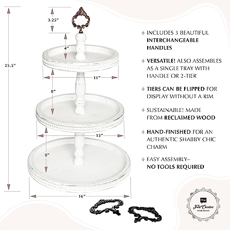 Photo 2 of 3 Tiered Tray Wooden Serving Stand by Felt Creative Home Goods. Large Shabby Chic Beaded Tray for Home Decor Display Farmhouse Country Decoration Kitchen or Dining. Includes 3 Custom Handles (White)