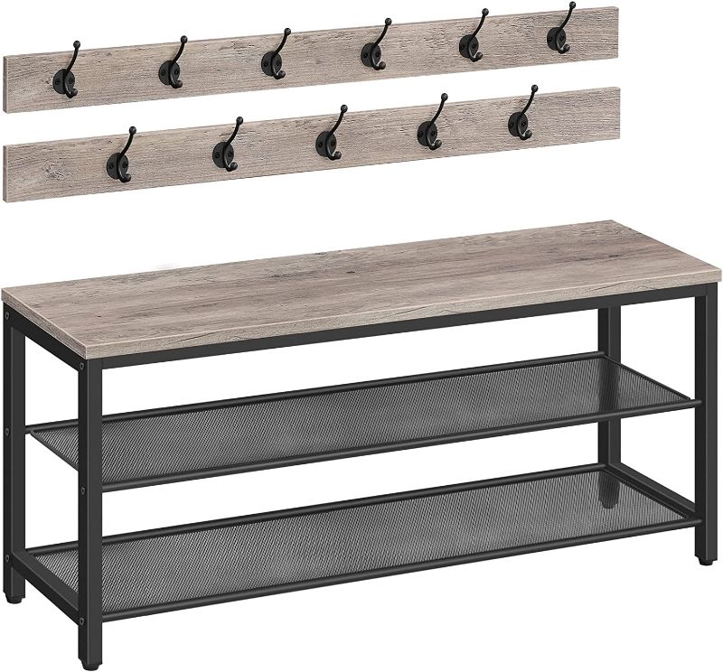 Photo 1 of ALLOSWELL 39.4" Coat Rack Shoe Bench Set, 3-Tier Entryway Shoe Bench with 11 Coat Hooks, Industrial Style Shoe Rack, Sturdy and Durable, for Entryway, Hallway, MudRoom, Greige and Black BSHG1001
